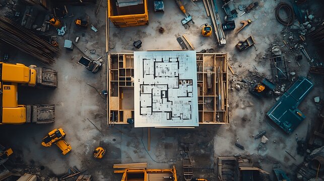 Overhead view of house blueprints spread out on a construction site, with measuring tools and construction equipment positioned around