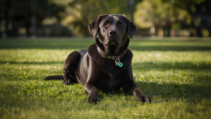 A portrait of a guide dog for the blind. A happy Labrador sitting there patiently waiting for it owner.  