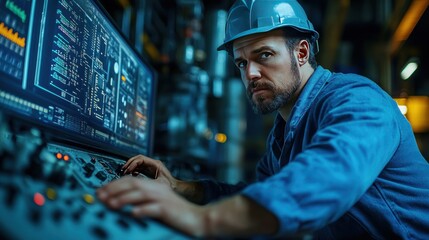 Modern Engineer Fine-Tuning SCADA System Console with Graphical Controls for Automation Monitoring - Room for Text Overlay