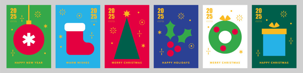 Christmas and Happy New Year card templates.Icons in abstract modern flat style.Winter poster set.Christmas tree, Christmas sock, berries, wreath and present.Season's greetings.Vector illustration.