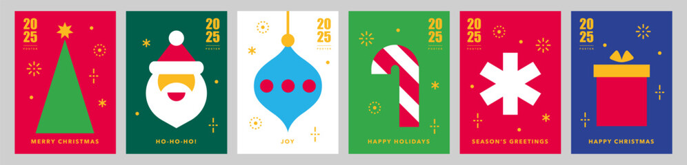 Christmas card templates.Icons in abstract geometric flat style.Winter poster set.Christmas toy, Santa, Christmas tree, Candy Cane and snowflake.Season's greetings.Happy holidays.Vector illustration.