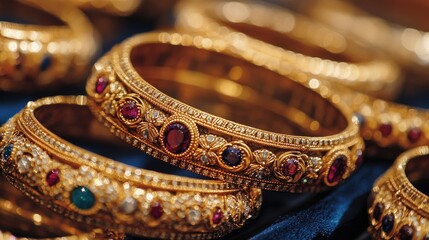 Fototapeta premium A close-up of intricately designed Indian gold bangles, featuring detailed patterns and gemstone accents, displayed on a velvet surface, showcasing traditional craftsmanship