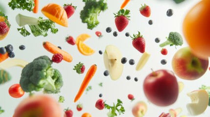 Vibrant Fruits and Vegetables Floating in Mid-Air