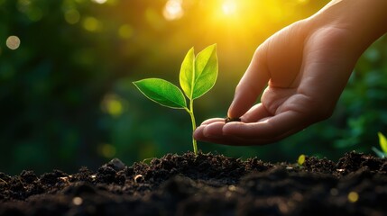 close-up of a hand nurturing a young green plant with a bright, natural background, highlighting commitment to environmental conservation