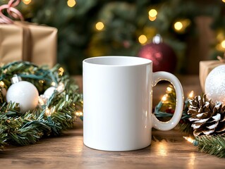 Blank mug with Christmas wreath background, adorned with festive lights and decorations, holiday branding concept