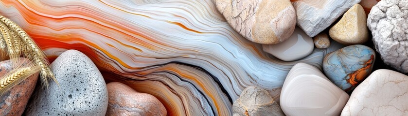 A swirling collage of river rocks, golden wheat fields, and volcanic lava flows, blending into an abstract texture-filled background