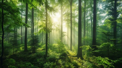 Fototapeta premium Sunbeams Through a Lush Forest - Nature Photography