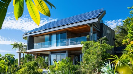 Modern House with Solar Panels and Tropical Garden