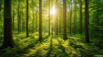 Obraz premium Sunbeams Through a Lush Forest - Nature Photography