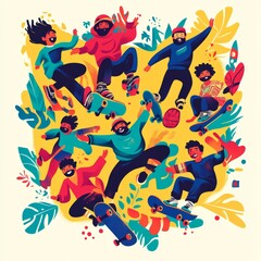 Skateboarding Friends Illustration  Diverse Group of People Enjoying Summer Fun on Skateboards