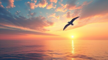 Naklejka premium Stunning Sunset Over the Ocean with a Seagull in Flight