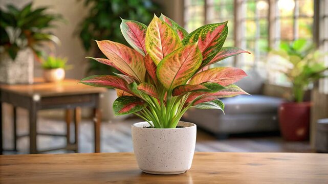 aglonema plant indoors with blurred furniture background and there are butterflies flying