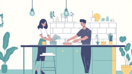 flat design illustration, a couple doing the dishes, clean simple lines, shapes, and composition