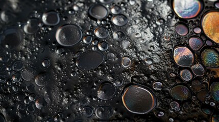 Abstract Iridescent Bubbles on Black Surface - Macro Photography