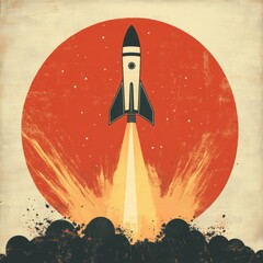 Retro Rocket Launching Through Space with Orange Sun and Grunge Texture