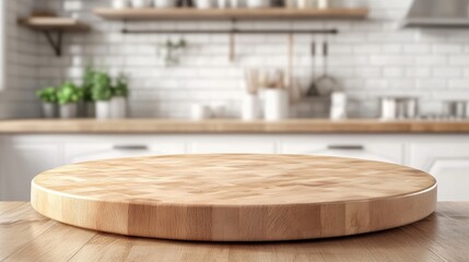 Round Wooden Tabletop. Clean, Bright Kitchen Background for Product Display