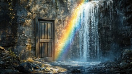 Fototapeta premium An old door dissolves into a waterfall with a rainbow forming at the end, symbolizing moving from the past into a bright new future.