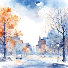 Winter Urban Street Scene Watercolor - Snowy Cityscape with Buildings, Trees