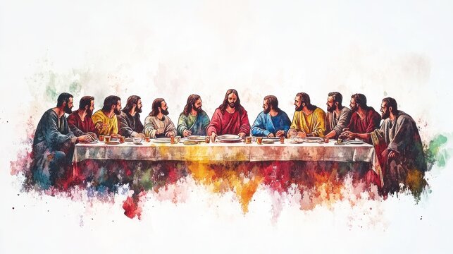 The Last Supper with Jesus and the twelve apostles at a table, illustrated in watercolor style on a pure white background.