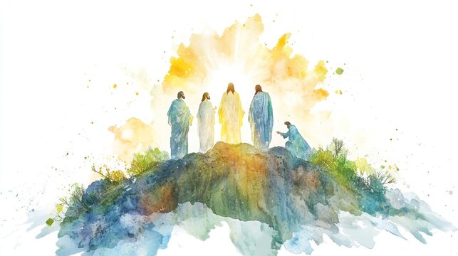 The Transfiguration of Jesus on the mountain with Moses and Elijah, illustrated in watercolor style on a pure white background.