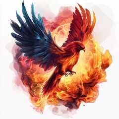 Obraz premium A phoenix rising from flames, fantasy creature, digital painting, vibrant reds and oranges, isolated on white background