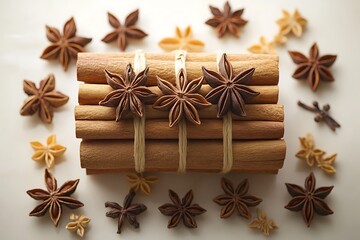 Fototapeta premium Cinnamon sticks tied with twine and star anise arranged on white background