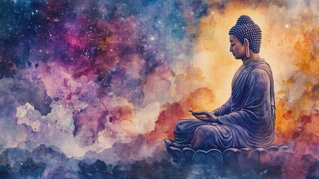 The Buddha’s night of temptation by Mara, with illusions contrasted against the Buddha’s calm meditation under a starry sky, illustrated in watercolor style.