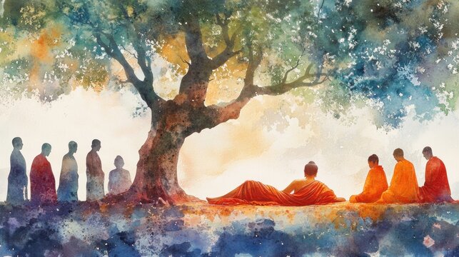 The Buddha&rsquo;s parinirvana under a Sala tree, with the Buddha lying peacefully and mournful disciples surrounding him, depicted in watercolor style.