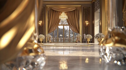 Glamorous wedding venue with gold accents, crystal centerpieces, and luxurious drapery, shown from the entrance view, with opulent lighting and a lavish atmosphere.