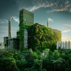 Fototapeta premium Biomass Power Station Surrounded by Lush Greenery Harnessing Renewable Energy from Organic Waste