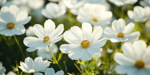 Fototapeta premium Field of White Flowers with Yellow Centers