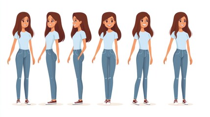 happy girl on a white background, cute woman in casual clothes in different poses