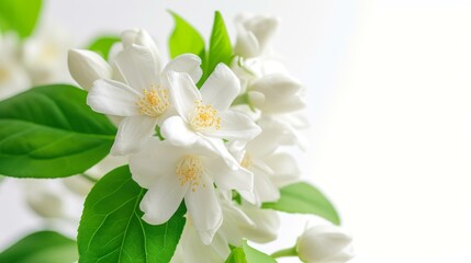 Obraz premium Close-up of Delicate White Jasmine Flowers with Green Leaves