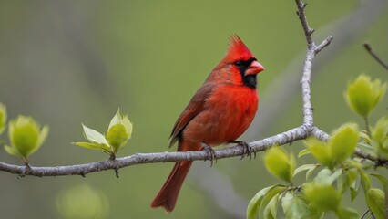 A vibrant red cardinal perched on a branch with budding leaves in a natural setting.