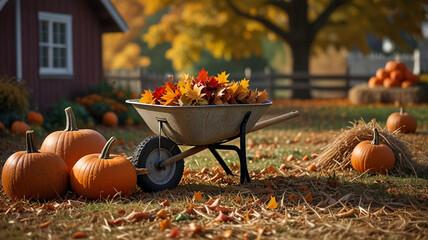 A wheelbarrow filled with colorful autumn leaves is accompanied by garden tools like a rake and shovel, resting on the ground. Pumpkins, hay bales, 