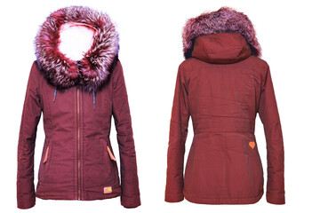 Woman clothes. Collage of stylish red brown female winter jacket with fur hood on mannequin isolated on a white background. Girls winter fashion. Front and back view.