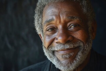 Smiling senior African-American man portrait. A close-up portrait of a smiling elderly African-American man with salt-and-pepper hair and beard against a dark background with generative ai