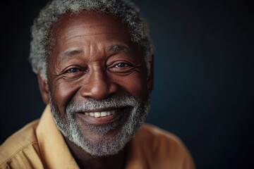 Obraz premium Smiling senior African-American man portrait. A close-up portrait of a smiling elderly African-American man with salt-and-pepper hair and beard against a dark background with generative ai