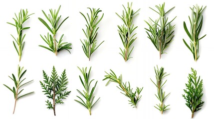 Fototapeta premium Fresh rosemary sprigs arranged in a grid pattern against a white background. Perfect for culinary and medicinal use.