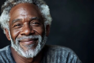 Smiling senior African-American man portrait. A close-up portrait of a smiling elderly African-American man with salt-and-pepper hair and beard against a dark background with generative ai