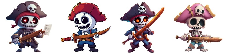 A vibrant collection of pirate skeletons, each with unique outfits and weapons, perfect for Halloween or themed graphics.