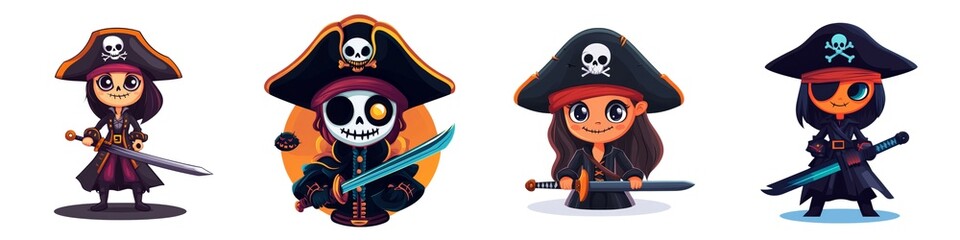Colorful cartoon pirate characters with unique designs, featuring playful elements suitable for children's illustrations and creative projects.
