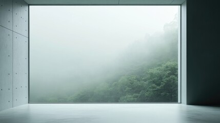 Modern Minimalist Room with Foggy Forest View: Tranquility and Nature in Design