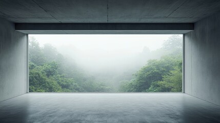 Concrete Room with Window View of Foggy Forest