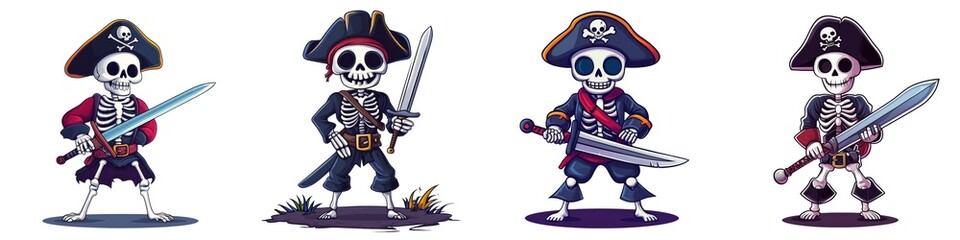 Fototapeta premium Colorful pirate skeletons with swords in various poses, perfect for Halloween or adventure-themed designs.