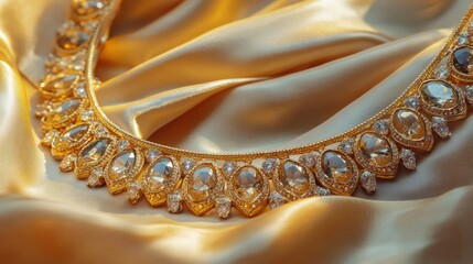 A golden necklace with shimmering gemstones, delicately placed on a silk fabric, reflecting elegance and high-end craftsmanship