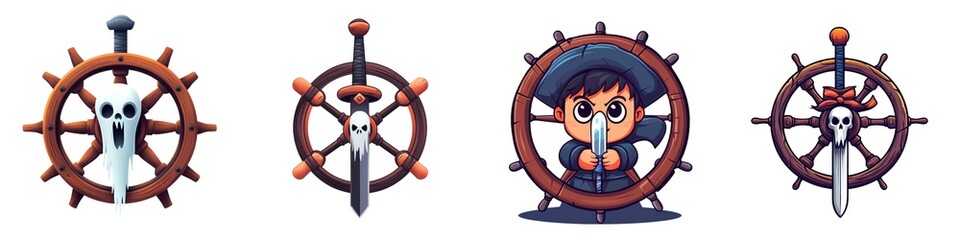 Colorful pirate-themed ship wheels with playful characters, perfect for children's decor or adventure-themed illustrations.