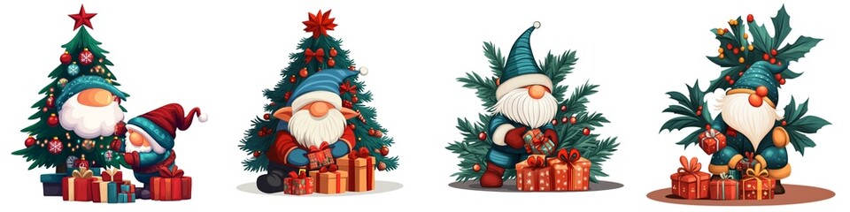 Festive holiday scene featuring whimsical gnomes with presents and decorated Christmas trees. Perfect for seasonal celebrations.