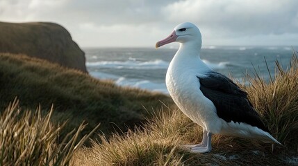 Fototapeta premium Majestic Albatross on Coastal Grass
