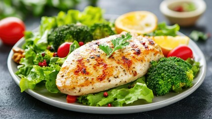 A healthy meal of grilled roast chicken breast, served with fresh salad and steamed broccoli, offering a delicious and balanced plate of protein and greens